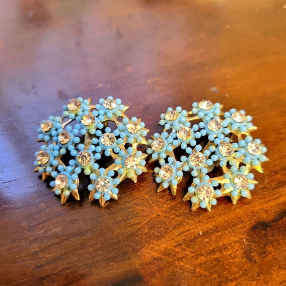 Vintage Blue Atomic Floral Rhinestone Clip Earrings